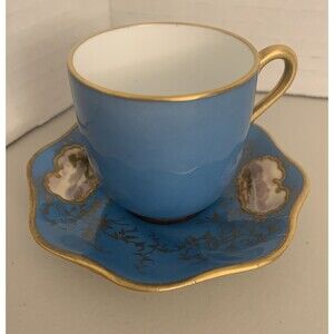 Antique Coalport Demitasse Cup & Saucer, Handpainted Mt/water Scene Gilded Gold